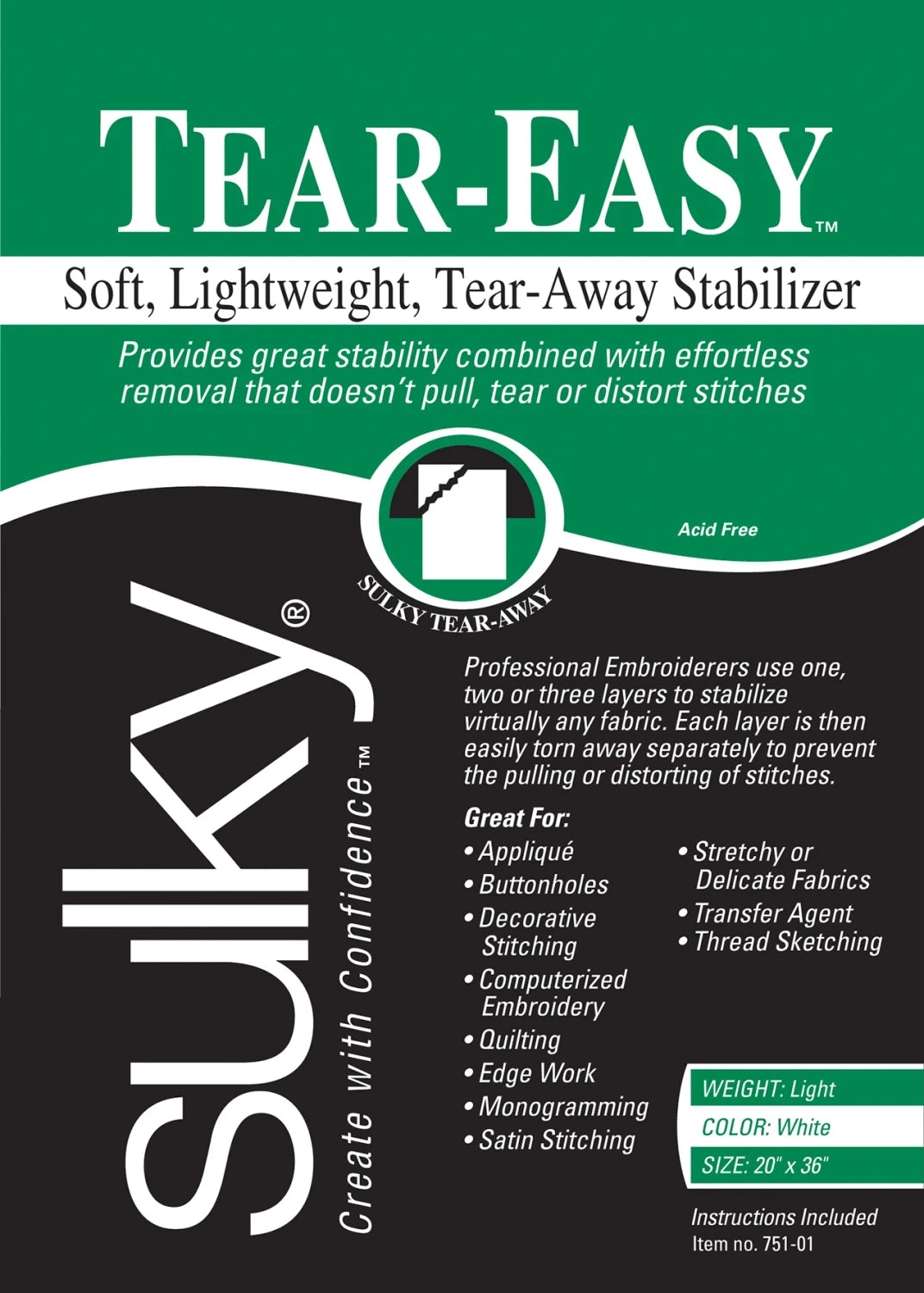 Tear Easy Tear-Away Stablizer White 20in x 1yd