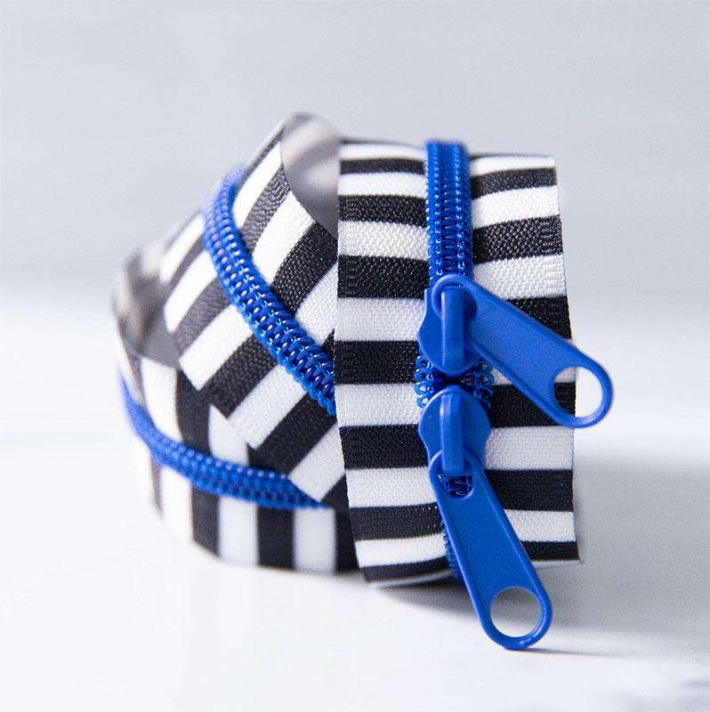 30" Black/White Stripe with Blue Teeth Zipper