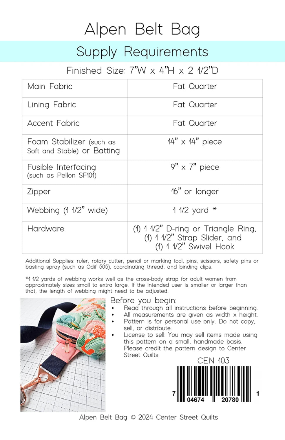 Alpen Belt Bag Paper Pattern