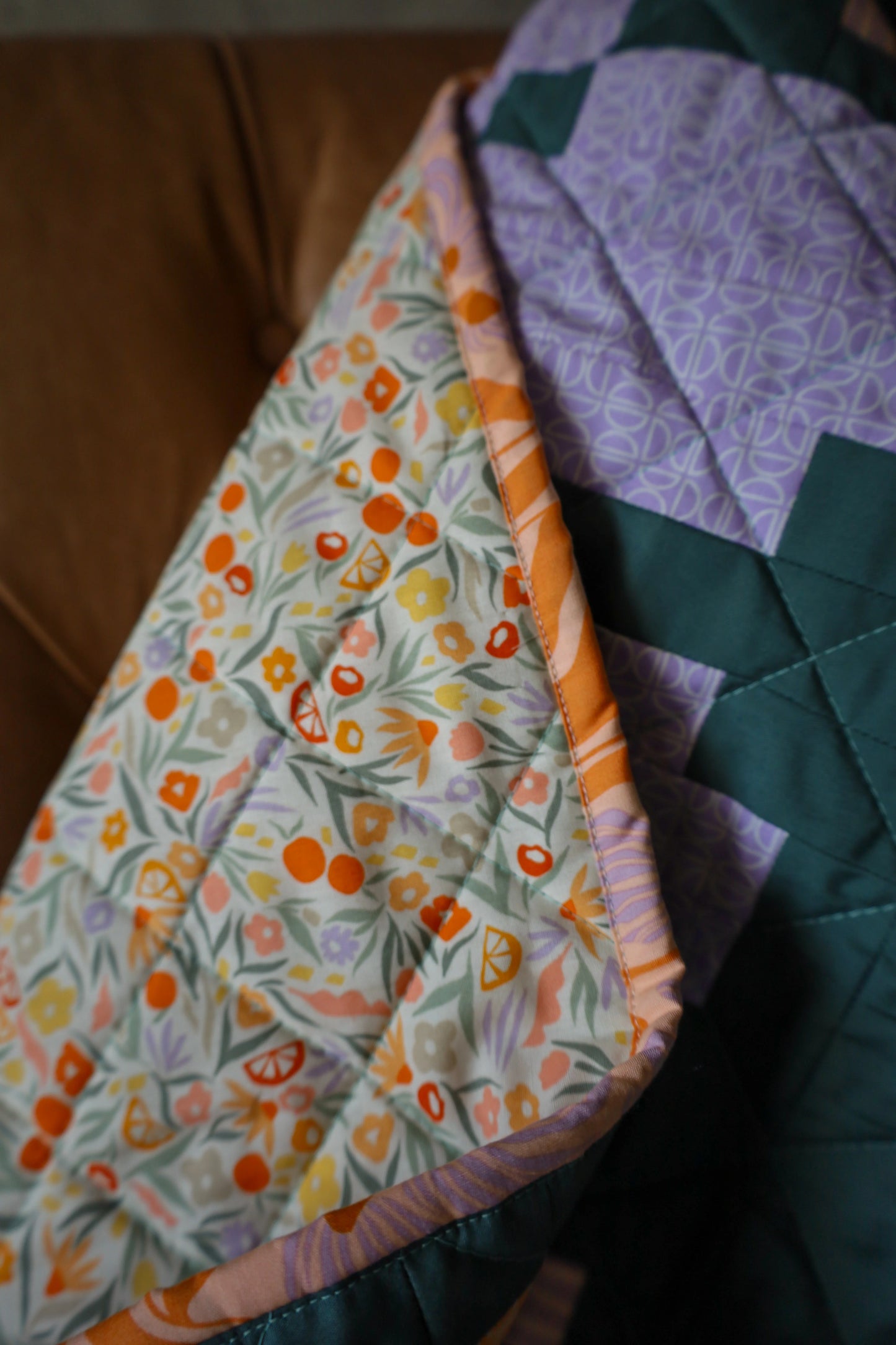 Knitted Blooms Tangerine Version Large Throw Quilt Kit