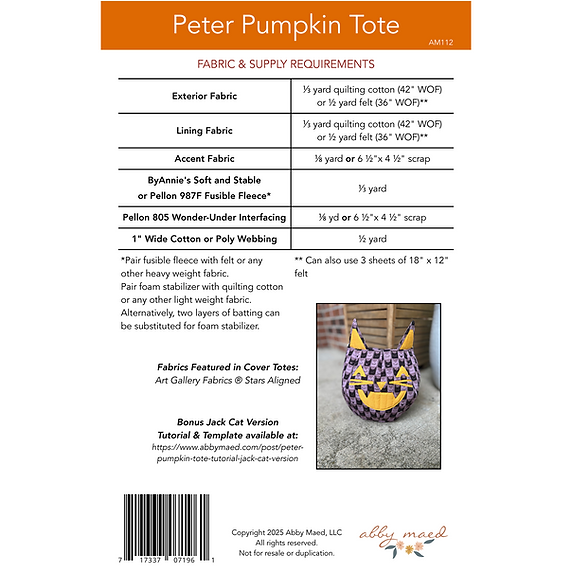 Peter Pumpkin Tote Paper Pattern by Abby Maed